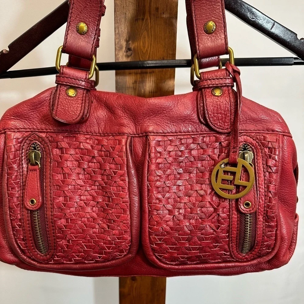 Elliott Lucca Womens Leather Hobo Handbag Shoulder Bag Weave Pockets Burgundy